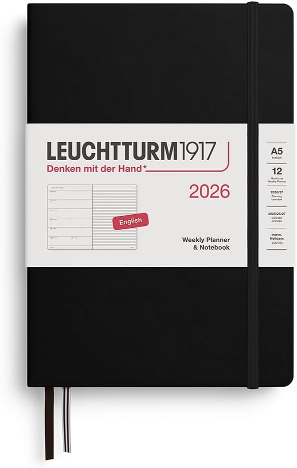 LEUCHTTURM1917 - Weekly Planner & Notebook 2026, Hardcover, Medium (A5), Ruled, Black (Jan 1 - Dec 31, 2026)