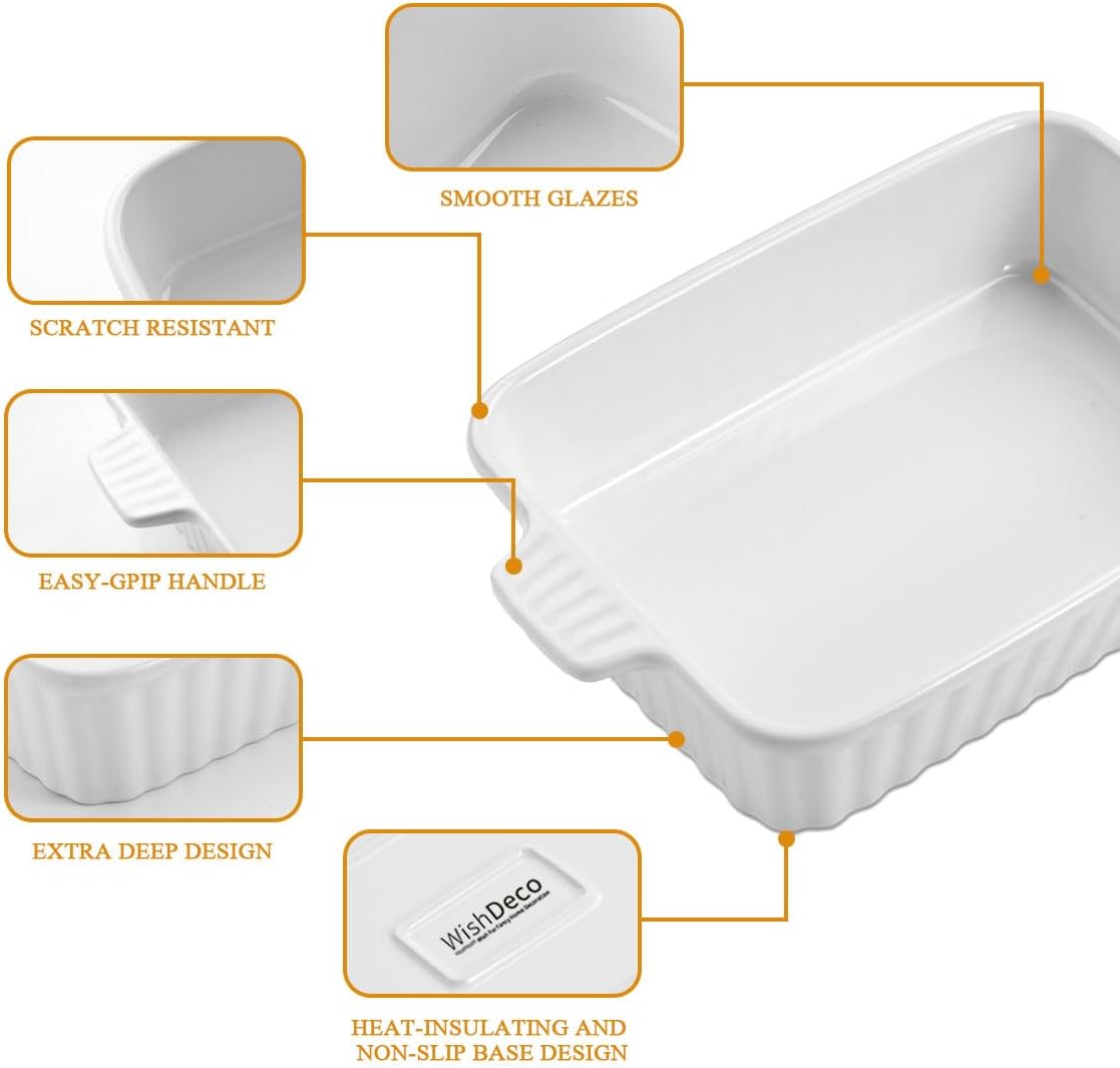 Ceramic Casserole Dishes Set of 4, Baking Dishes for Oven, Rectangular Lasagna Pan Deep with Handles, White Porcelain Bakeware (15''/12.4''/11''/9.6''), Microwave Safe