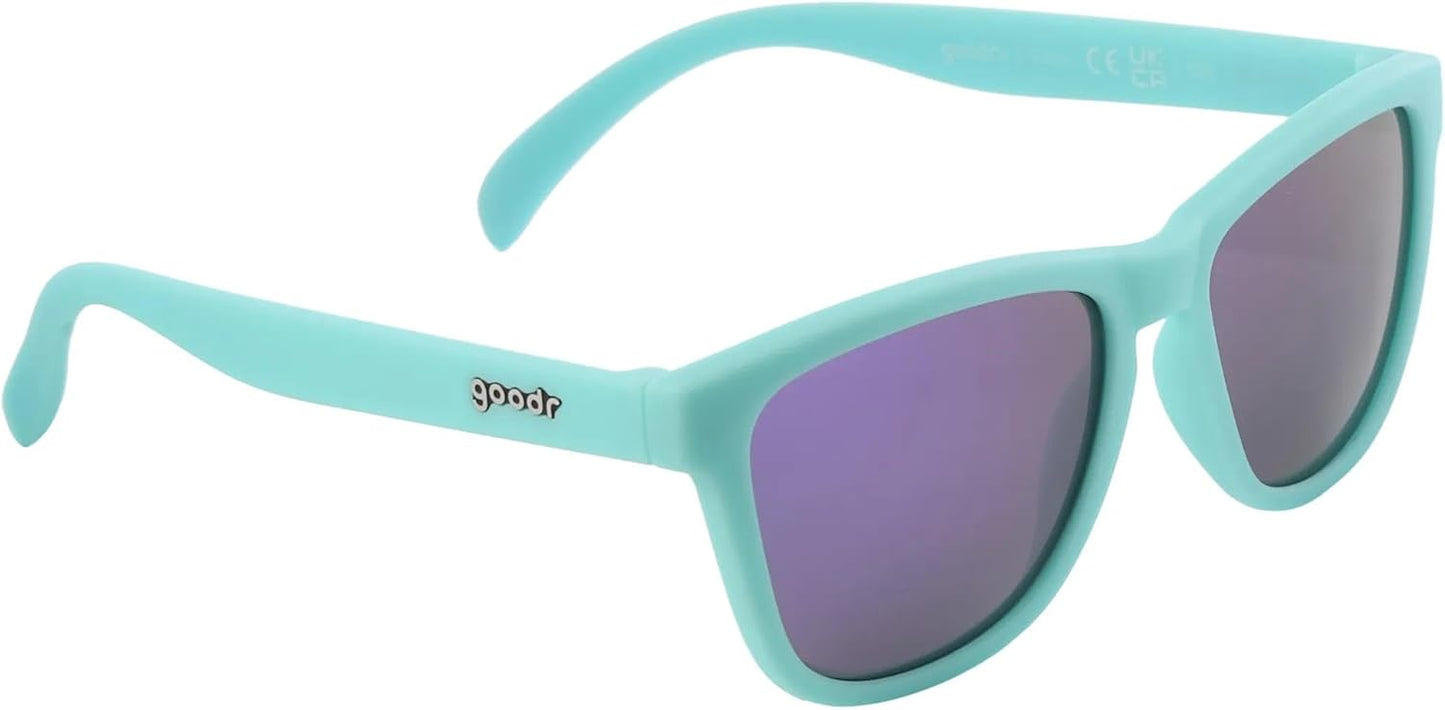 goodr Electric Dinotopia Carnival Polarized Sunglasses, Medium Sized (OG), Light Teal Solid Frames with Purple Mirrored Reflective Lens, UV400 Protection, No Slip, No Bounce