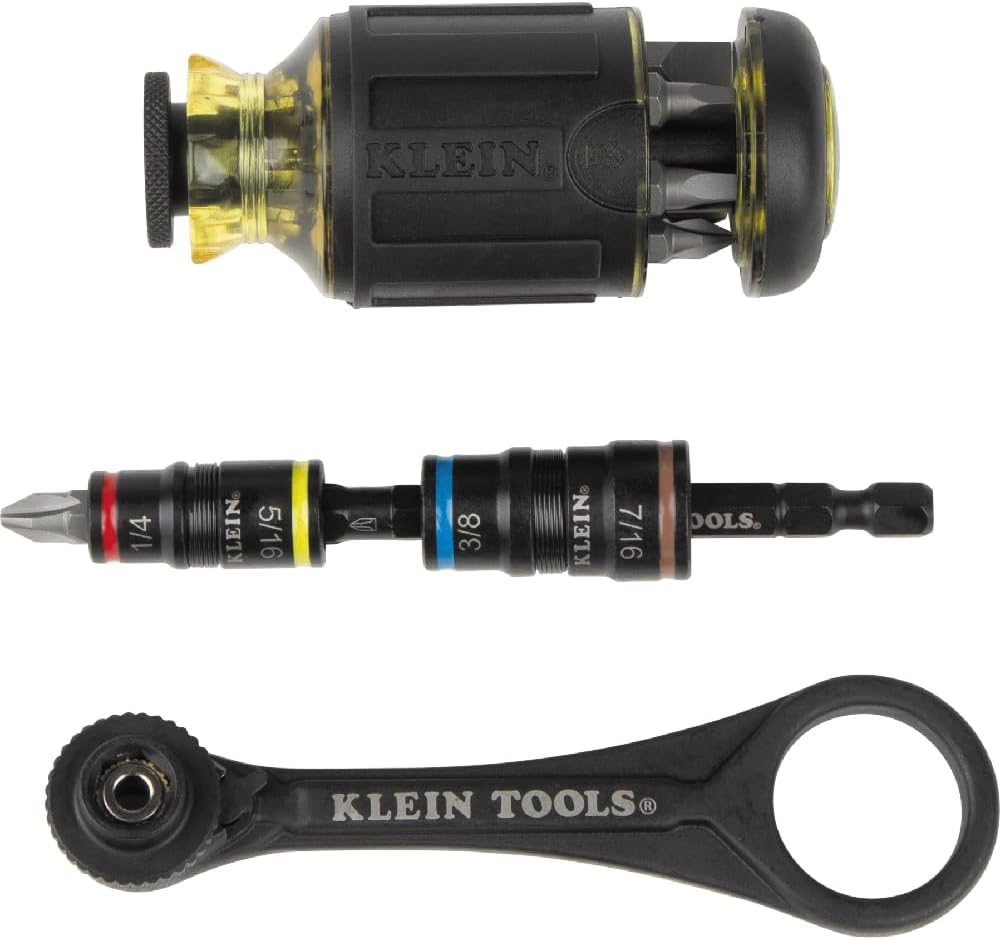 Klein Tools 85515HD 3-Piece Tool Set, Mini-Ratchet, 12-in-1 Impact Stubby Multi-Bit Driver and 5-in-1 SAE Impact Socket Set, Tools for Tight Spaces
