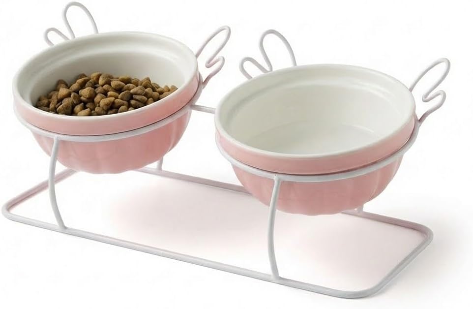 Elevated Tilted Cat Bowls with Metal Stand, Raised Ceramic Food and Water Bowls, Double Removable Dishes with Cute Wing Design, 15° Tilted Anti-Vomiting Pet Feeder, Non-Slip for Indoor Cats (Pink)