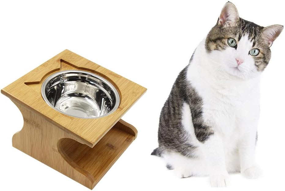 Cat Bowls Pet Dining Table with Raised Slope Wooden Stand Elevated Pet Bowls with Oblique Stand for More Comfortable Eating for Cats, Dogs, Kitten and Puppy (1 Bowl, Steel)