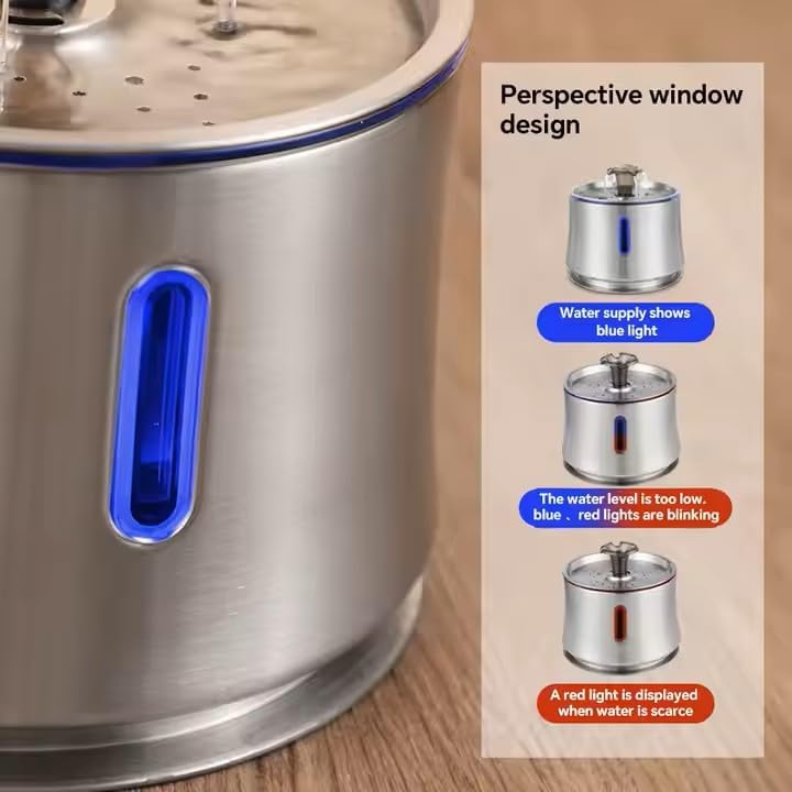 Cat Water Fountain 84oz/2.5L Stainless Steel, Automatic Dog Water Dispenser, Ultra-Quiet Pump, Water Level Window, BPA-Free, Advanced Filtration with 2 Filters for Cats, Dogs & Multiple Pets.
