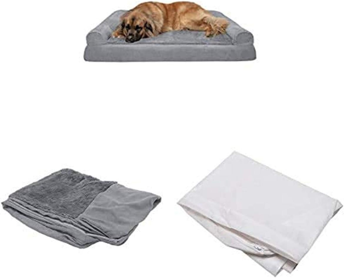 Furhaven Pet Bundle - Jumbo Plus Gray Orthopedic Ultra Plush Faux Fur & Suede Sofa, Extra Dog Bed Cover, & Water-Resistant Mattress Liner for Dogs & Cats