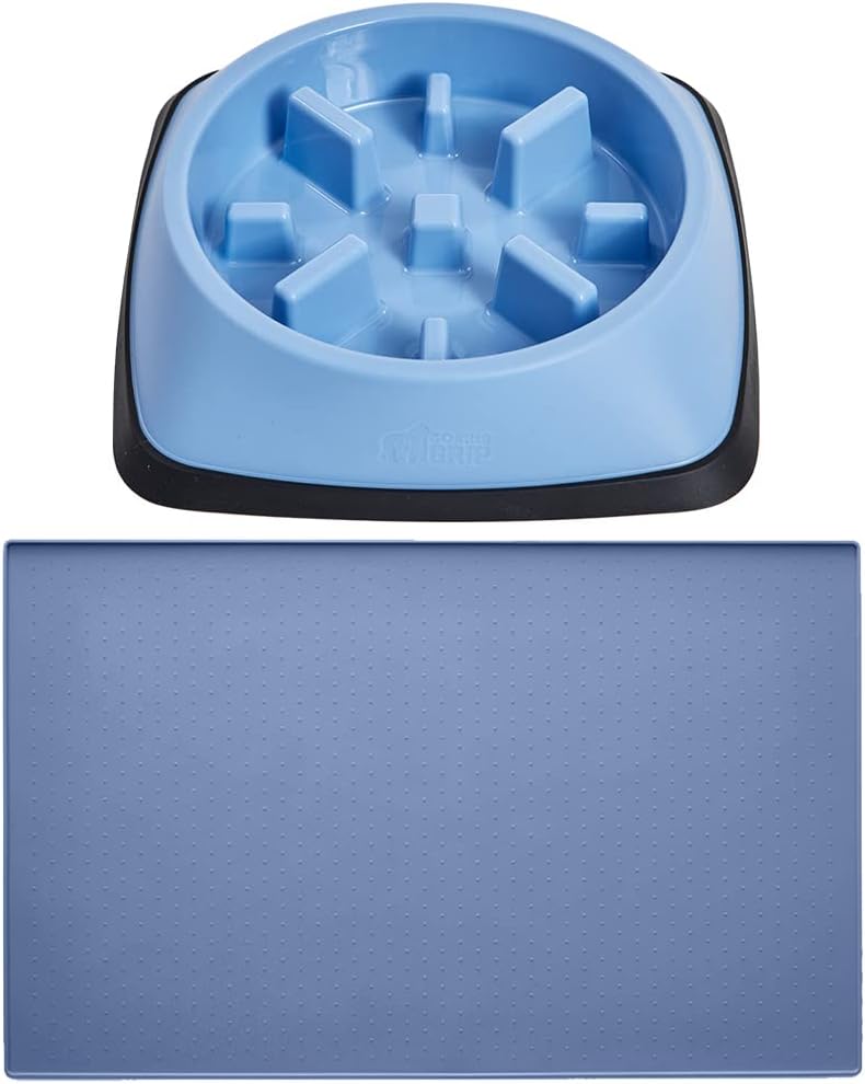 Gorilla Grip Slow Feeder Dog Bowl and Pet Feeding Mat, 4 Cups Dogs Pet Bowls Slip Resistant, Dog Food Mats Size 18.5x11.5 Waterproof Placemats, Both in Light Blue Color, 2 Item Bundle