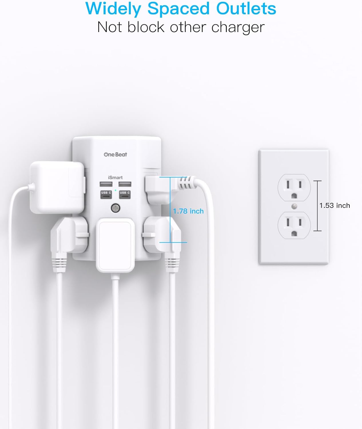 One Beat 1680J 3 Side Power Strip Multi Plug Expander, Surge Protector, 5 Outlets Extender, 4 USB Ports (USB C), Wall Mount Charger, Outlet Splitter Adapter for Home, Travel, Office, ETL Listed, White