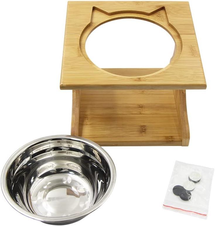 Cat Bowls Pet Dining Table with Raised Slope Wooden Stand Elevated Pet Bowls with Oblique Stand for More Comfortable Eating for Cats, Dogs, Kitten and Puppy (1 Bowl, Steel)