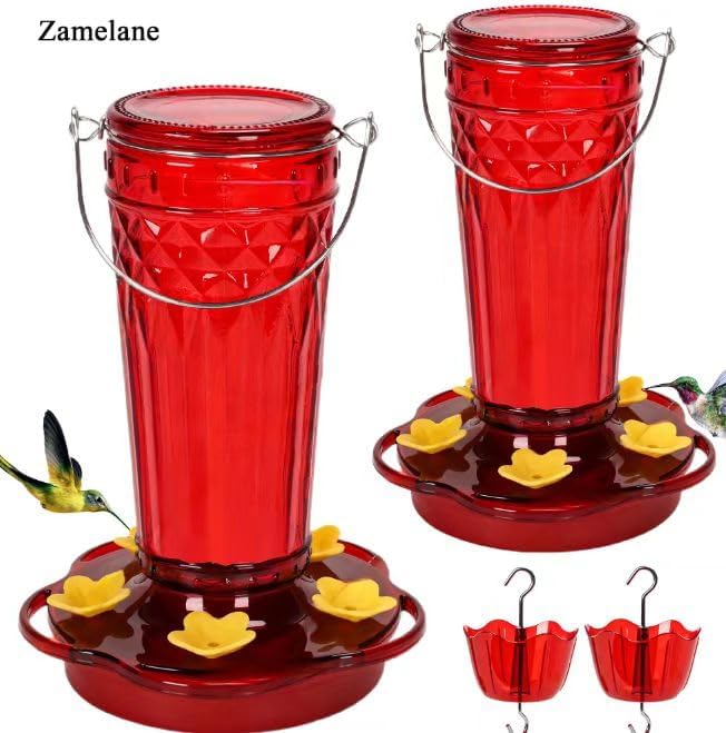 Glass Hummingbird feeders for Outdoors 2pack-14Ounces，5 Feeding Ports Hummingbird Feeder,Wide Mouth for Easy Filling/Cleaning，Hanging for Garden Backyard Decor, Includes Ant Moat (Red)