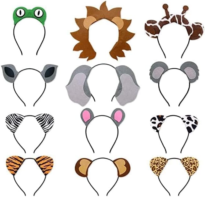 12pcs Jungle Animal Safari Headbands with Animal Hair Hoops - Photo Booth Props, Party Favors and Decorations for Kids and Adults