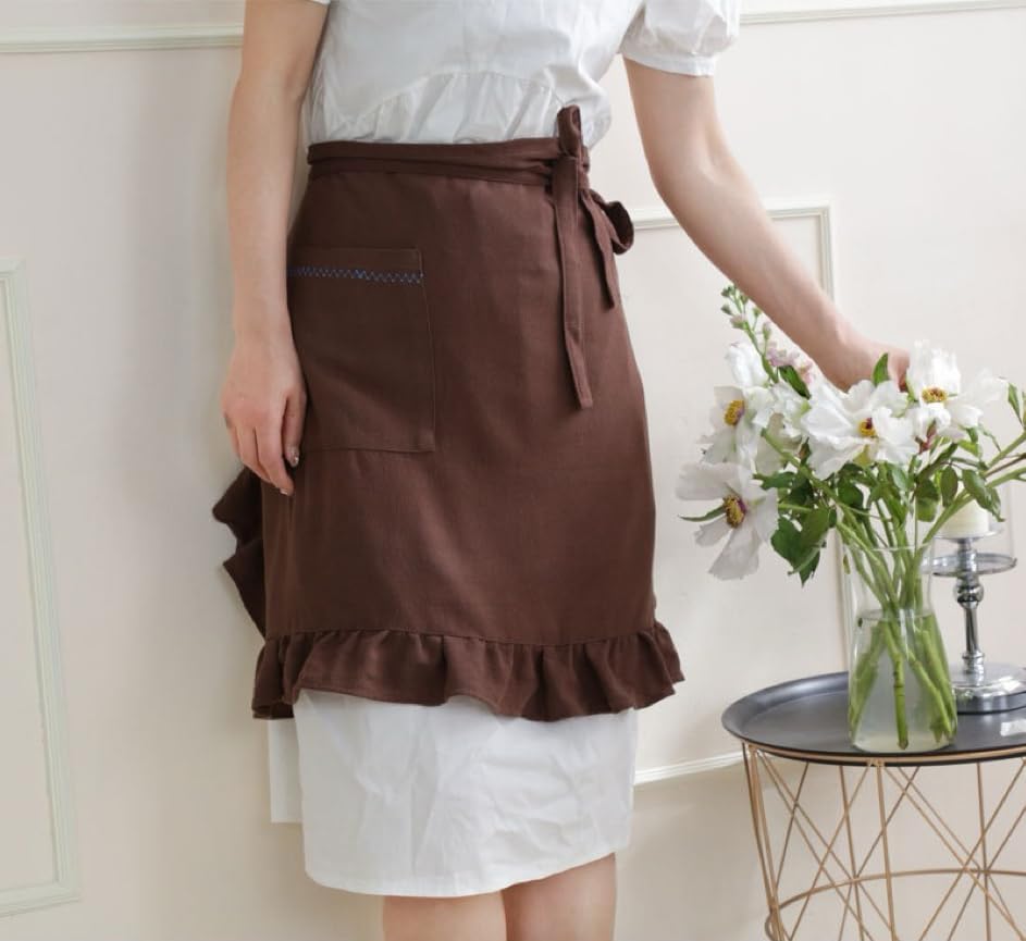 Half Apron for Women, Linen Cotton Ruffle Adjustable Waist Apron With Pocket Waitress Apron for Gardening Kitchen (Brown)