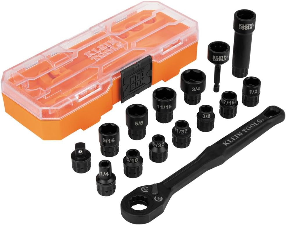 Klein Tools 65400 KNECT 15-Piece Pass Through Socket Set, SAE Impact Set with MODbox Case, Sockets, Bits, Accessories and 3/8-Inch Drive Adapter
