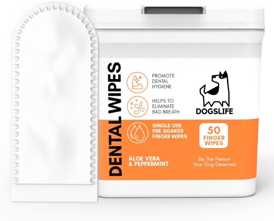 DogsLife Dog Tooth Wipes | Quick & Easy Finger Wipes for Teeth | Remove Tartar & Fight Bad Breath | Naturally Soothing Aloe Vera & Peppermint! Pack of 50 Dog Dental Wipes Teeth Wipes