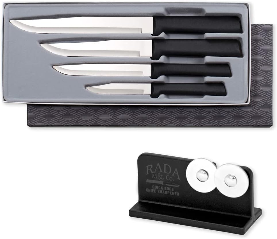 Rada Cutlery Wedding Register Gift Set (G204), 4-Piece Knife Set with Quick Edge Sharpener (R119), Black Handle