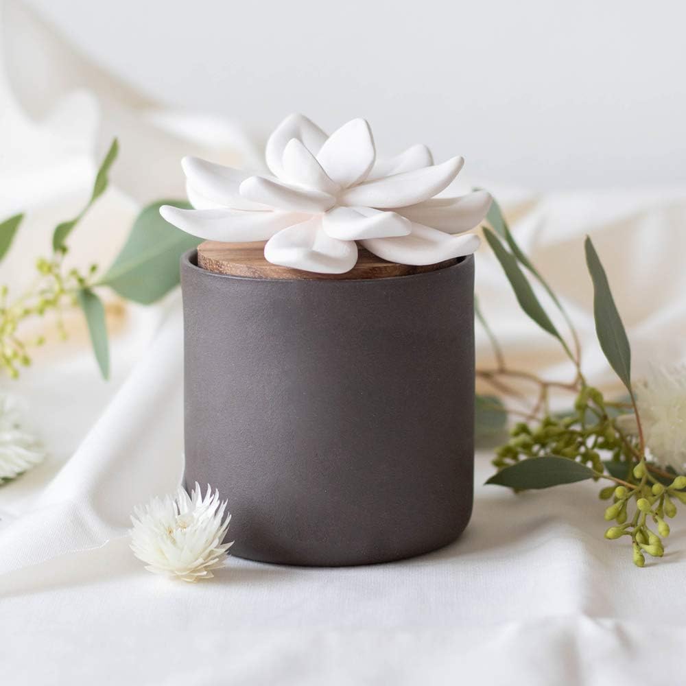 Edens Garden Charcoal Ceramic Bloom Diffuser Handmade Wick Essential Oil Aromatherapy, Passive Wicking Flower Diffuser for Home & Office No Power Needed, Elegant Scent Decor
