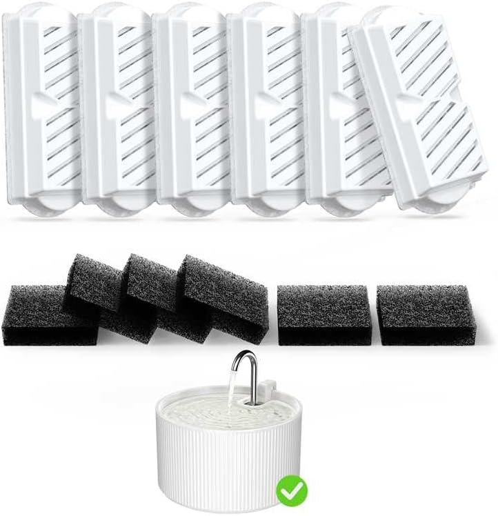 Cat Water Fountain Filters Replacement & Pre-Filter Sponges for 2.2L/74oz Ceramic Cat Fountain, Cat Water Dispenser – 6 Pack Filters & 6 Pre-Filter Sponges