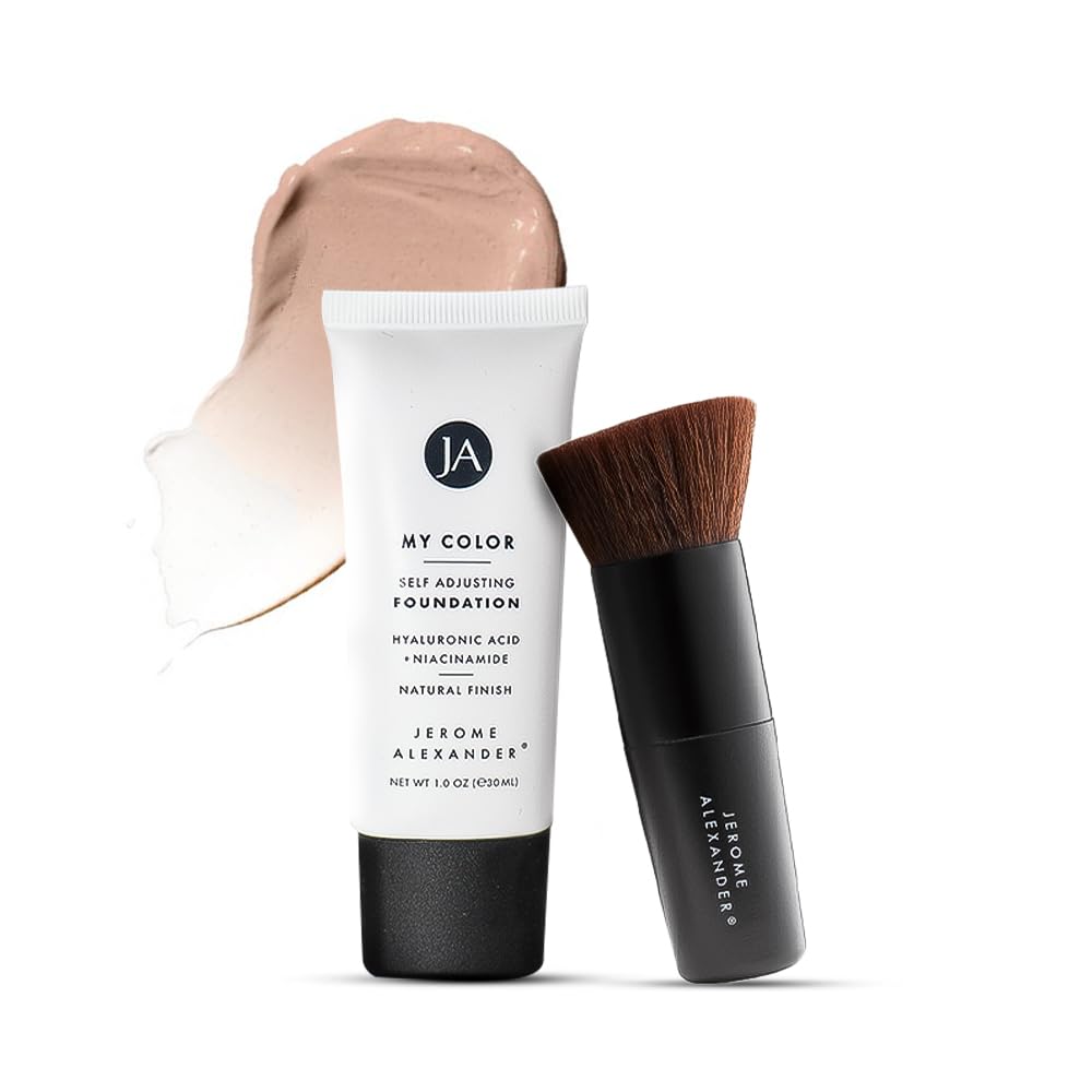 Jerome Alexander My Color Self-Adjusting Foundation, Hydrating & Lightweight Face Makeup, Skincare-Infused, with Kabuki Brush, Medium, 1 oz
