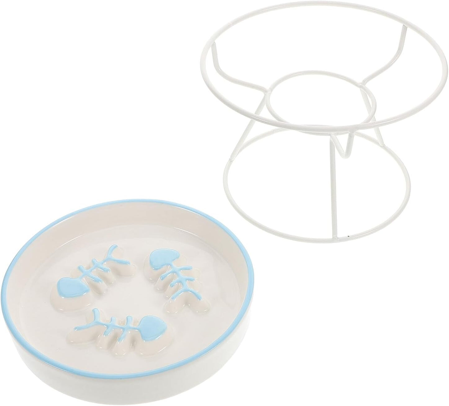 PRETYZOOM Ceramic Elevated Cat Slow Feeder Bowl with Stand, Anti-Choke Raised Pet Dish for Indoor Cats and Puppies, Blue Three-Fish and White Three-line Design