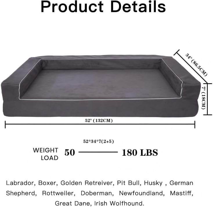 X-Large Orthopedic Memory Foam Dog Bed for Arthritis Relief & Hip Dysplasia - Bolster Couch Style with Premium YKK Zipper Waterproof Washable Cover & Bottom for Senior Dogs 90-120lbs