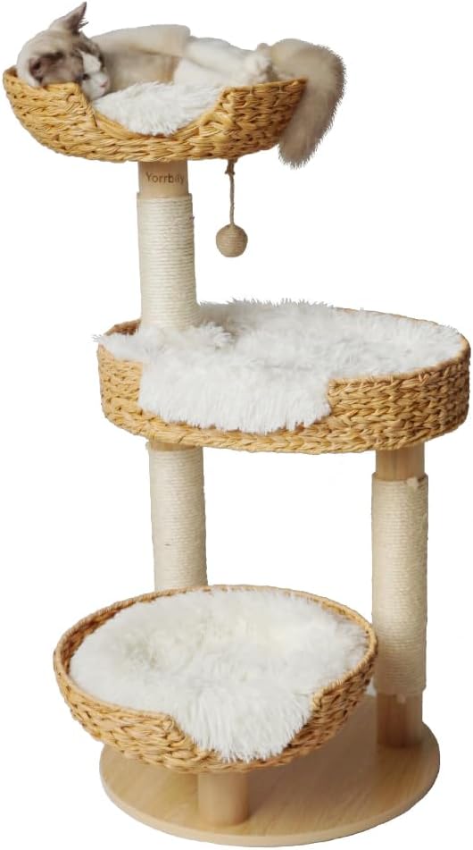 Cat Tree 39 Inches Cat Tower with Sisal Covered Scratching Real Wood Post, Handwoven PE Rattan 3 Baskets perches with Cozy Cushion, Cat Climbing, Cat Scratching Post (White Cushion)