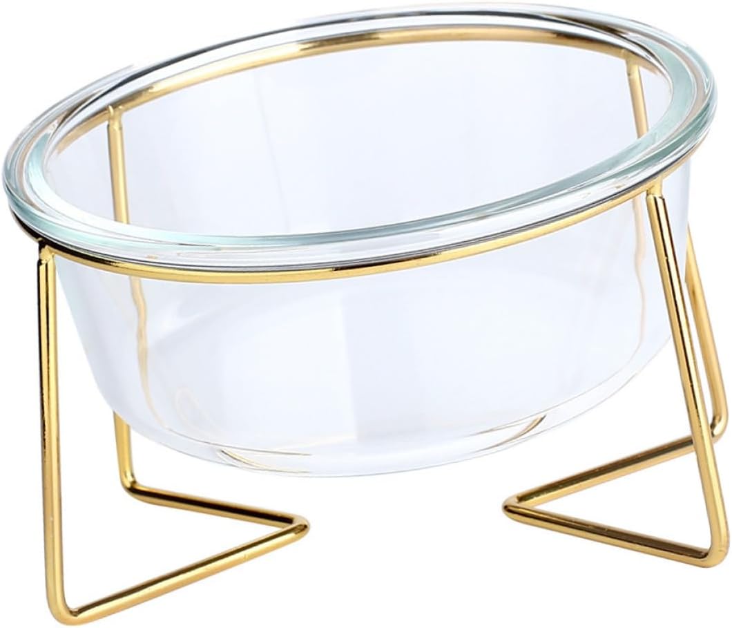 Milisten Oblique Glass Pet Food Bowl 800ml with Raised Metal Stand 17.8cm Tilted Dog Cat Feeder Elevated Feeding Dish for Neck Support and Mess Prevention Random Style