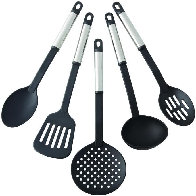 Farberware Classic Kitchen Tool Set, 5-Piece Nylon Cooking Utensils with Stainless Steel Handles for Nonstick Cookware - Kitchen Gadgets with Hanging Loops, Dishwasher Safe Useful Cooking Accessories