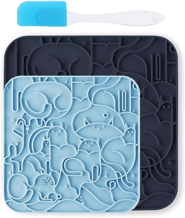 VI-FA Silicone Pet Slow Feeder Mat, Interactive Puzzle Feeding Mat with Cute Animal Pattern, Non-Slip Slow Eating Bowl for Dogs and Cats to Prevent Bloat and Choking(Deep Blue+Light Blue)