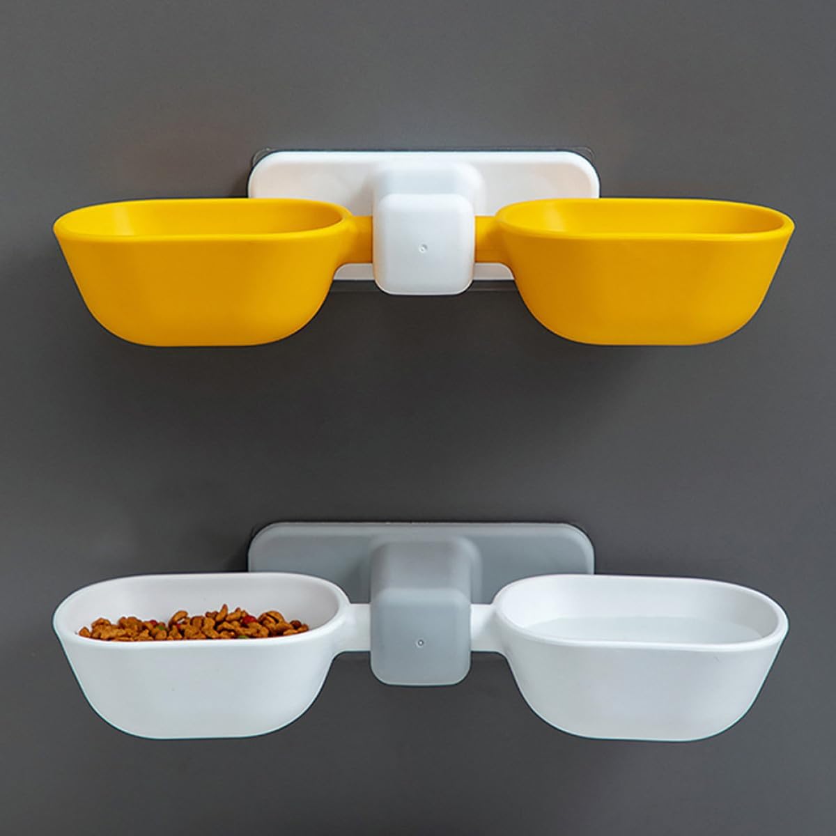 Wall-Mounted Pet Feeder Double Bowl, White Cat Feeding Bowl with Neck Protection, Space-Saving Wall Mount Design for Indoor Cats and Small Dogs, Includes Adhesive