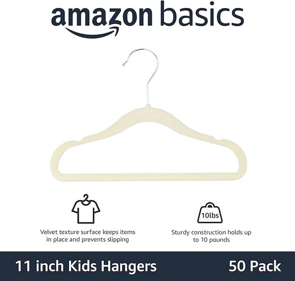 Amazon Basics Kids Velvet, Space Saving, Non-Slip Clothes Hangers for Infant and Toddler, Durable, 11.6 inches (for Baby Clothes), Pack of 50, Beige