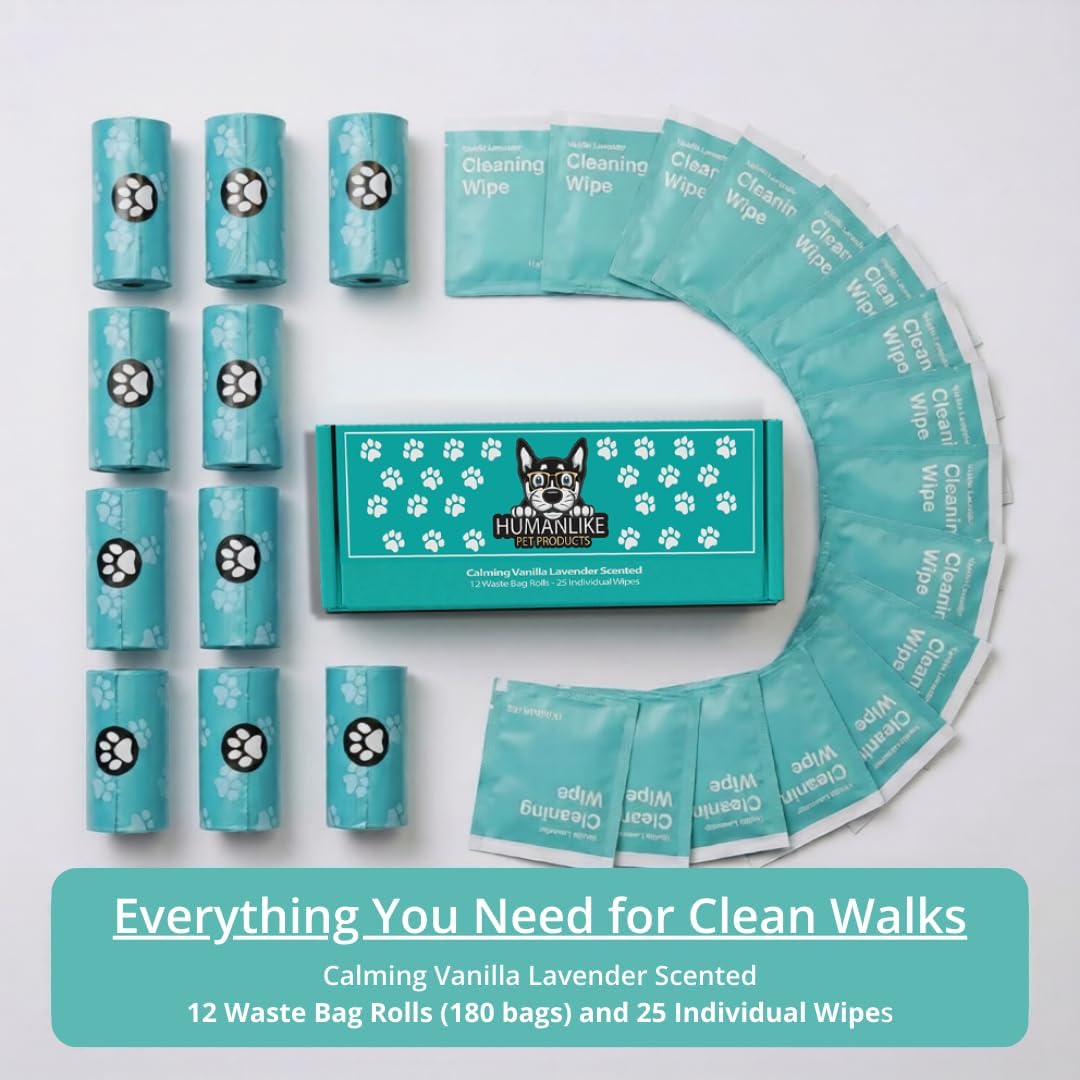 Dog Poop Bags and Wipes (2 in 1) - 180 Vanilla Lavender Scented Dog Waste Bags (12 Rolls) + 25 Individual Pet Wipes. Dog Walking Kit for Pet Owners, Cat Litter, Dog Leash, Pet Supplies, Puppy Pads.