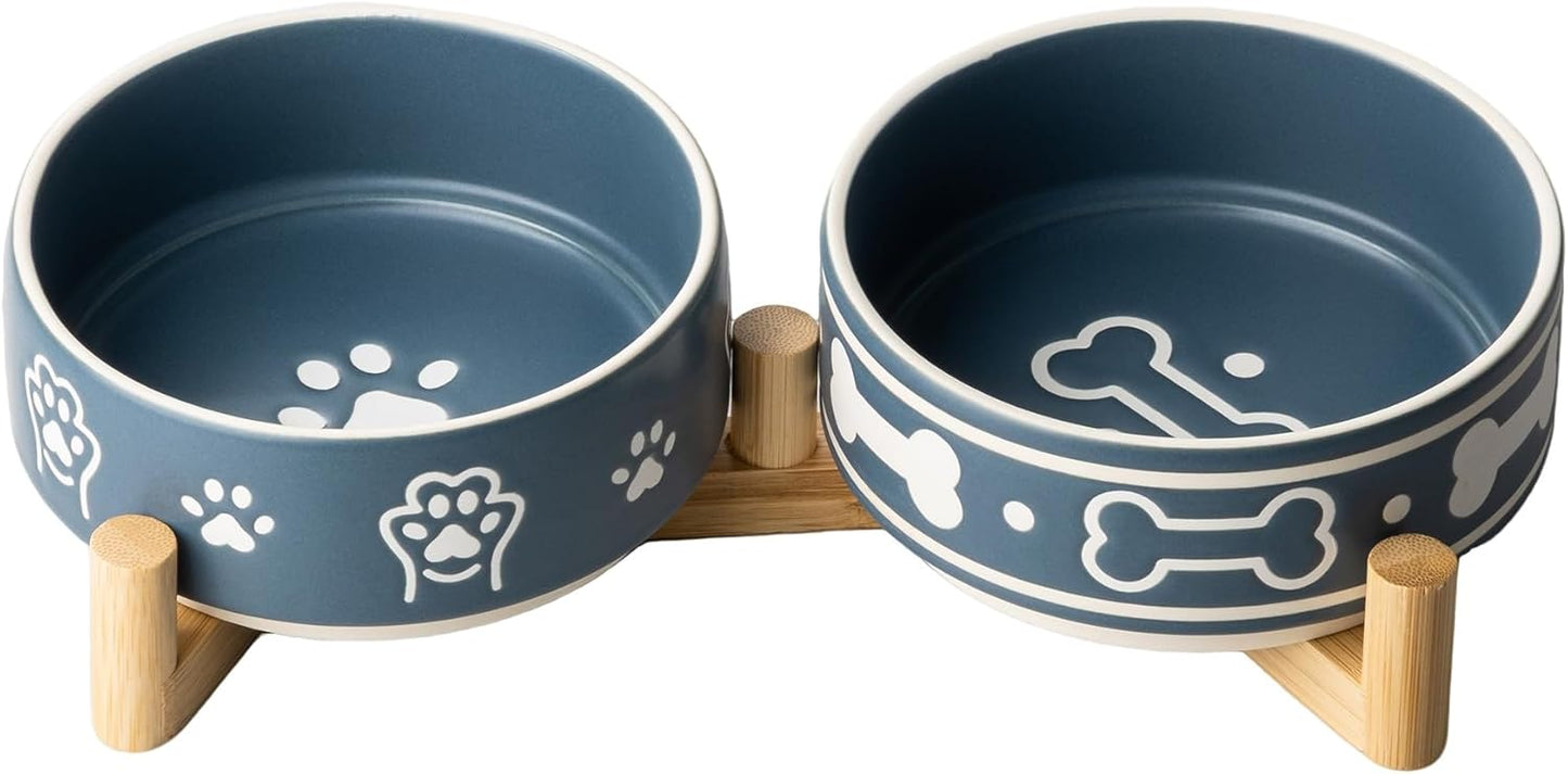 Dog Bowls Set with Stand, 1.5 Cups Ceramic Puppy Bowls for Dogs, Dual Dog Food and Water Bowls with Bone Pattern,Weighted Non-Slip Base (S-1.5 Cups)