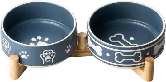 Dog Bowls Set with Stand, 1.5 Cups Ceramic Puppy Bowls for Dogs, Dual Dog Food and Water Bowls with Bone Pattern,Weighted Non-Slip Base (S-1.5 Cups)