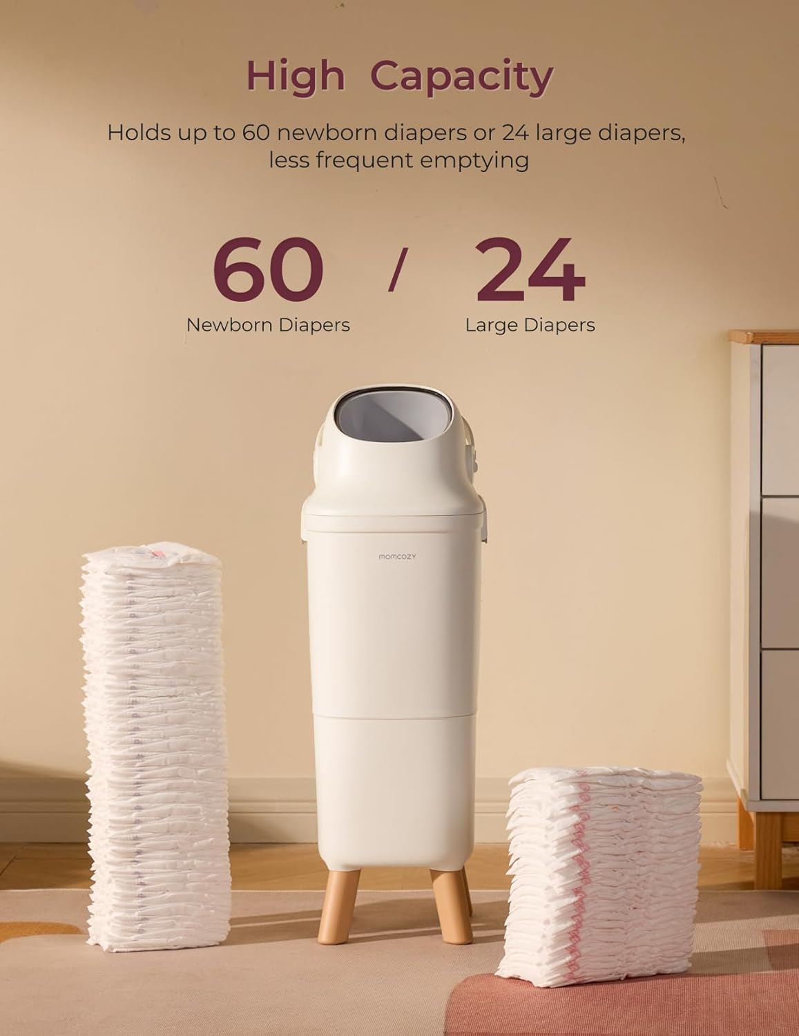 Momcozy Diaper Pail with Patented Triple-Seal Odor Control, Wide Opening, Ergonomic Height, Large Capacity with Viewing Window, Childproof Lock, Fits Standard Trash Bags