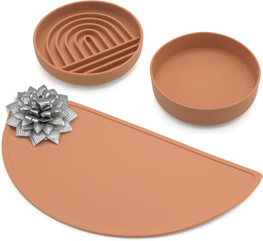 Should We Go? Silicone Pet Feeding Set - Slow Feeder Bowl, Waterproof Food Mat & Non-Spill Water Bowl - Non-Slip, Easy-to-Clean, Dishwasher Friendly for Dogs & Cats, Small-Terracotta
