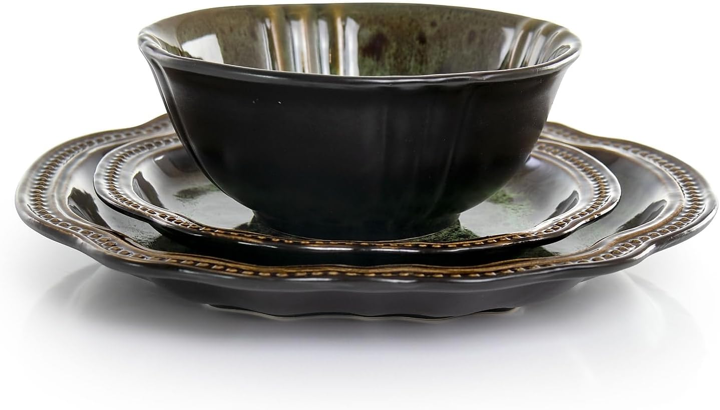 Elama Stoneware Round Oval Dinnerware Dish Set, Jade Green