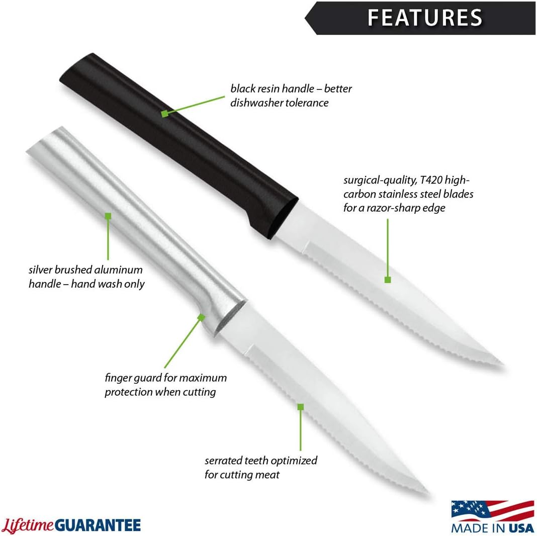 Rada Cutlery Serrated Steak Knife (R105), 3.88" Stainless Steel Serrated Blade, Silver Handle, Pack of 2