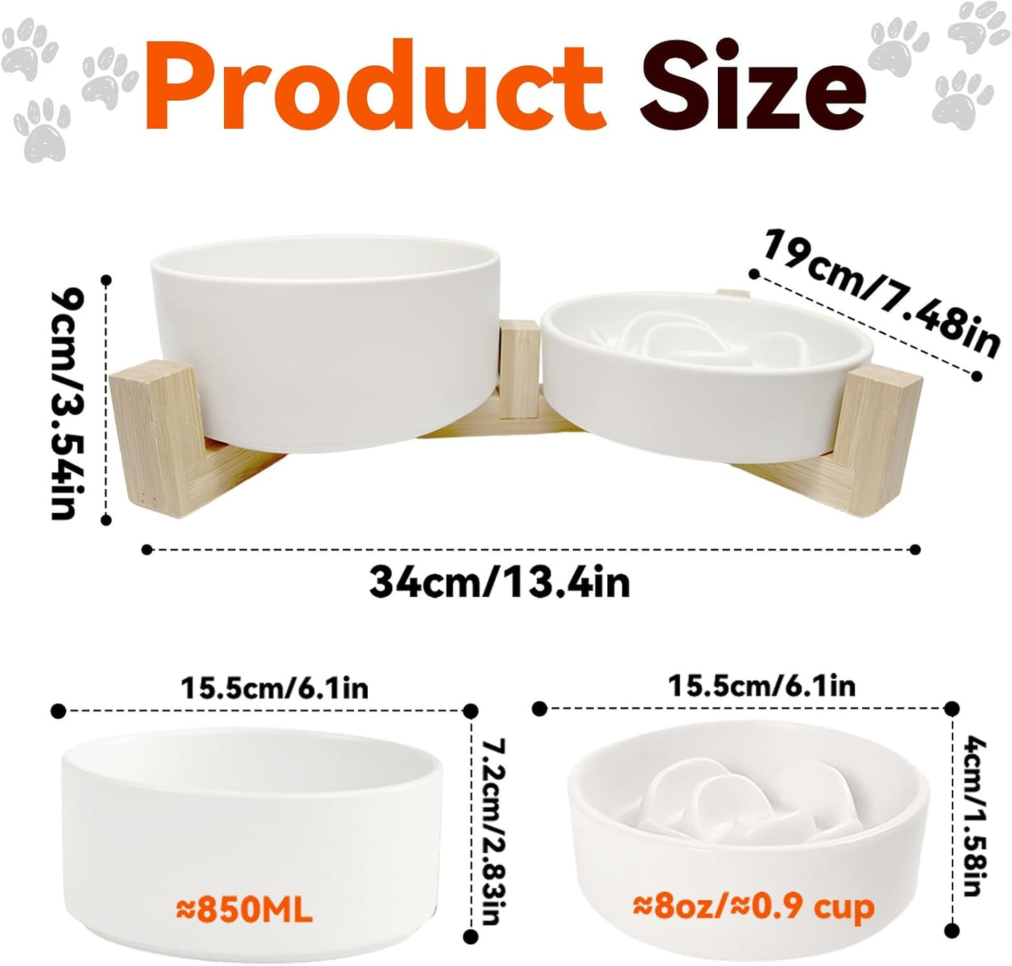 Ceramic Slow Feeder Dog Bowl Set-1 Cup Puzzle Dog Food Bowl & 850ML Water bowl with wooden stand for small dogs, Anti-Gulping,Anti-chewing,Anti-Slip,White