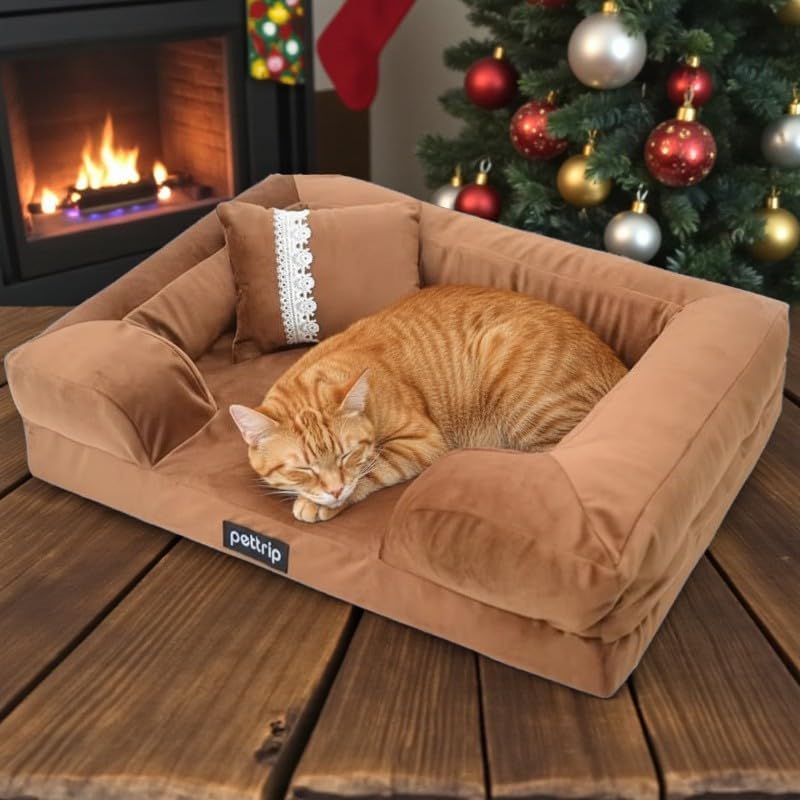 Custom Luxury Calming Waterproof Orthopedic Pet Sofa Beds Dog Bed with Removable Washable Cover (Brown, Large)