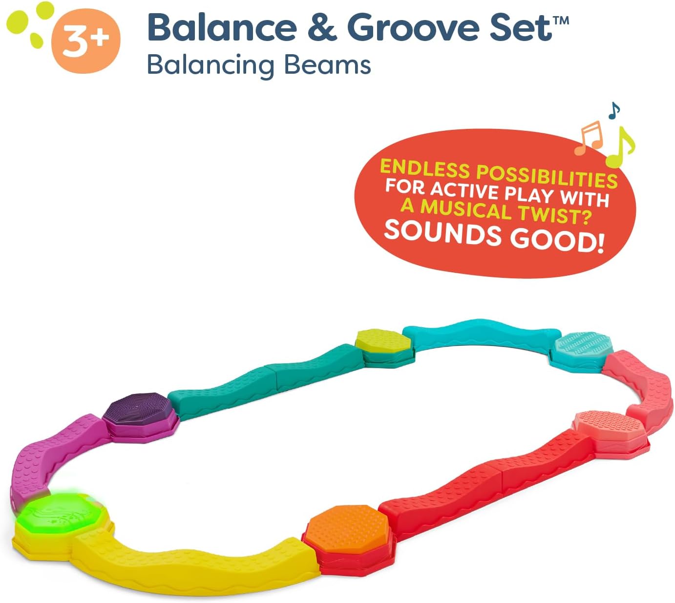 B. toys - Balance & Groove Set - Balance Beam for Kids - Musical Games & Activities - 5 Sensory Stones, 8 Wavy Beams & 1 Musical Pod - Indoor Active Play - 3 Years +