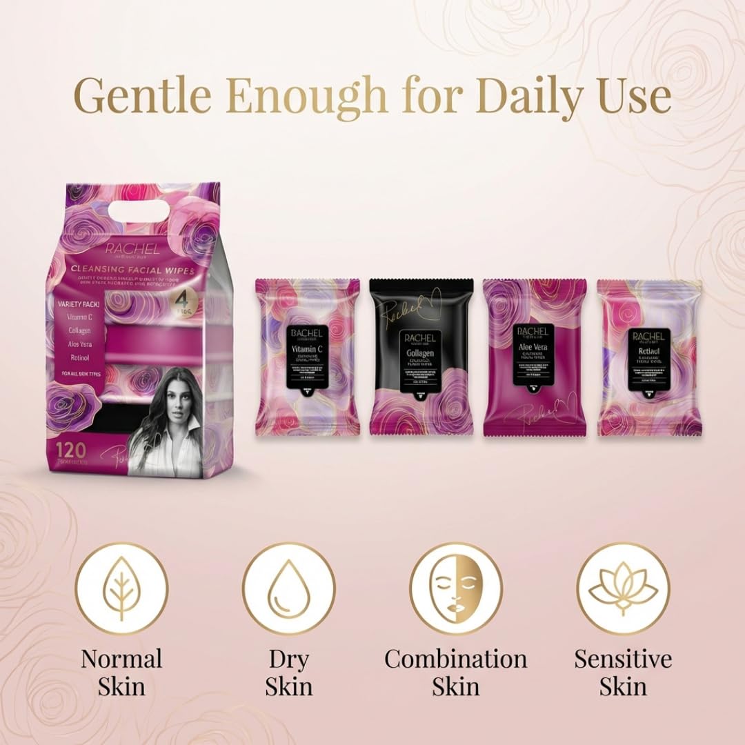 Rachel Roy 4 Pack Face Wipes for Women - Cleansing Makeup Remover Wipes with Vitamin C, Retinol, Collagen & Aloe Vera - 120 Pcs