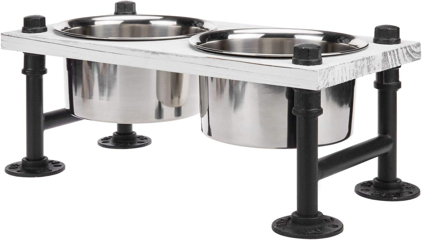 MyGift Vintage White Solid Wood Elevated Feeder with Industrial Metal Legs, 6.2" Tall Bowls for Medium Sized Dogs, Raised Food and Water Stand with 2 Stainless Steel Bowls