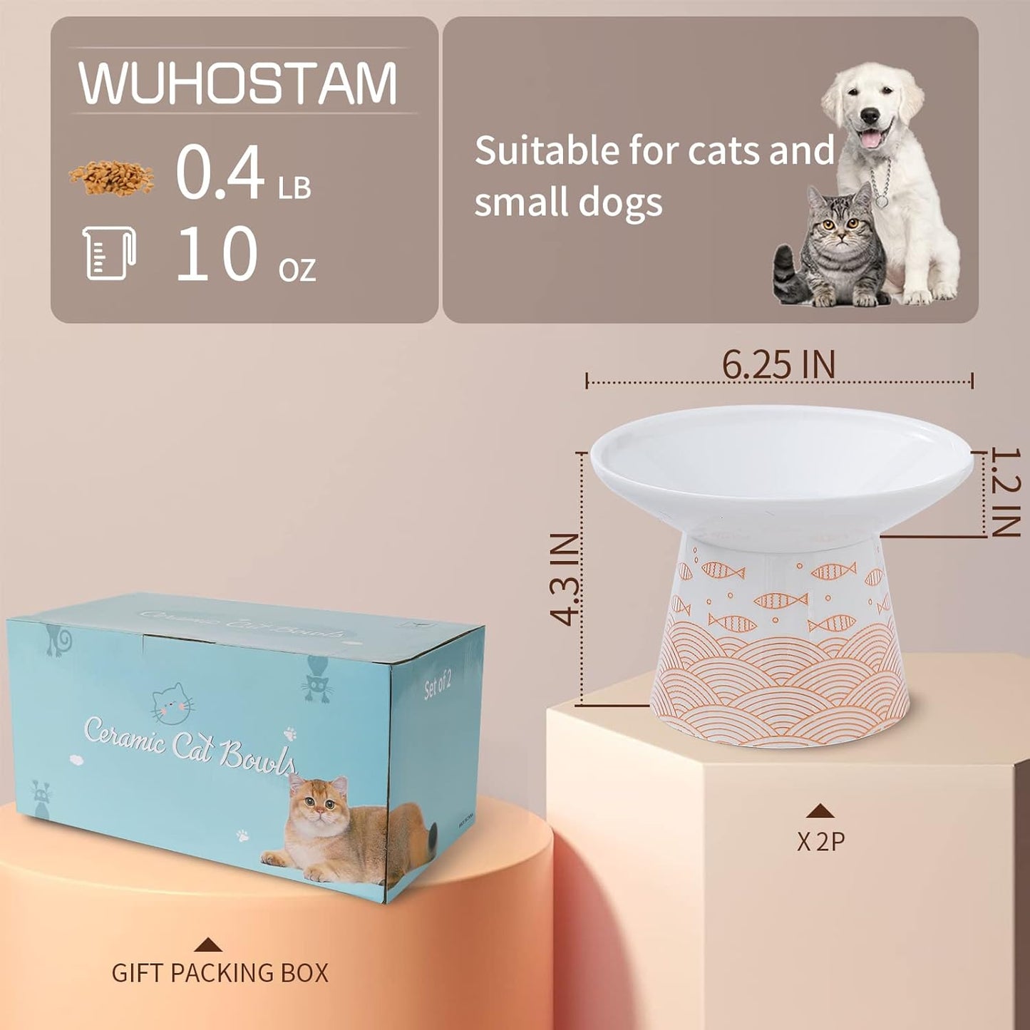 WUHOSTAM 6.25 Inch Extra Wide Ceramic Raised Cat Food Bowls, Elevated Cat Feeding Dish, Heavy Pet Feeder Bowl for Elder Big Cats,Small Dogs, Reduce Vomiting, Protect Pet's Spine, 2 Pack(Blue&Orange)