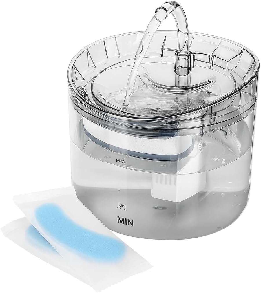 Pet Water Fountain for Cats and Dogs, 2.0L Transparent Automatic Water Dispenser with 3 Filters Included (Extra 2 Bonus Filters) – Quiet Pump – Model WF060
