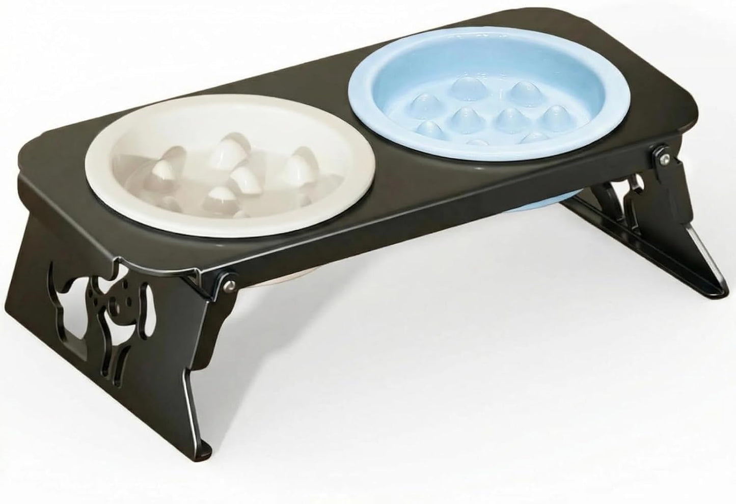 Elevated Ceramic Slow Feeder Bowls, 2 Bowls & Black Stainless Steel Stand,for Cats and Small Medium Dogs, 1.5 Cups*2,Raised Cat Food and Water Bowl Set, Blue & White