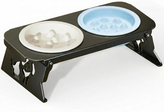 Elevated Ceramic Slow Feeder Bowls, 2 Bowls & Black Stainless Steel Stand,for Cats and Small Medium Dogs, 1.5 Cups*2,Raised Cat Food and Water Bowl Set, Blue & White