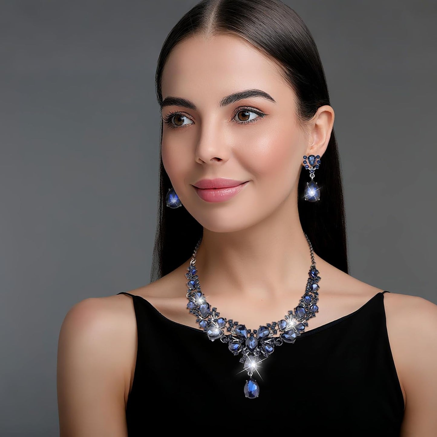 Hicarer Bridal Teardrop Cluster Crystal Jewelry Set for Women Necklace Earrings Wedding