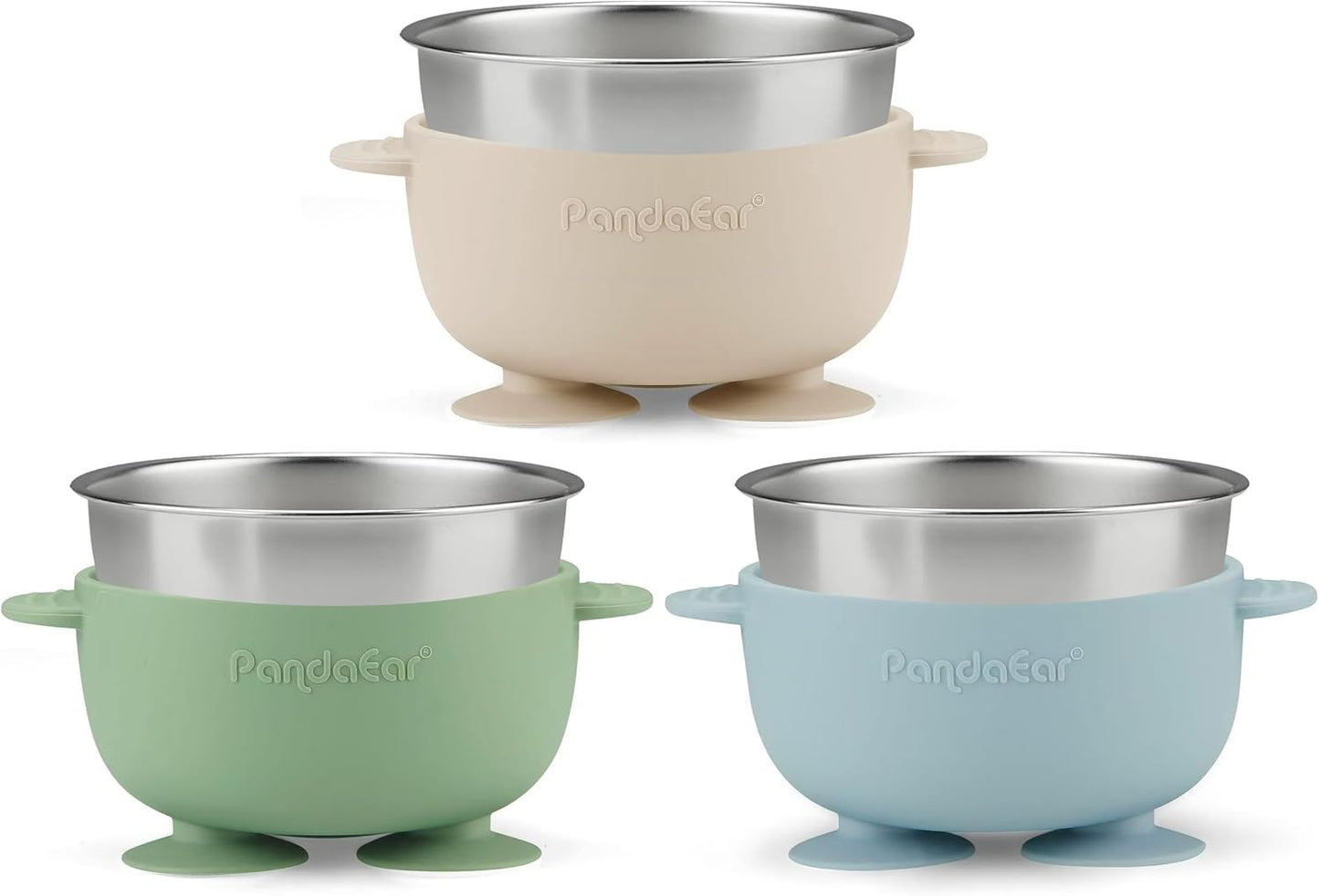 PandaEar 3 Pack Stainless Steel Baby Suction Bowls, Non-Slip Child Food Bowl with Silicone Sleeve for Kids Toddlers Infants, Unbreakable & Mess Free (Blue Green Brown)