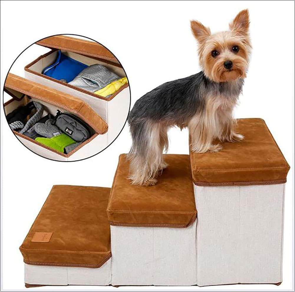 Foldable Storage Pet Dog Stairs Plush Pet Climbing Ramp Small Dog Three-Step Ladder Holds Up to 25Kg B (A)