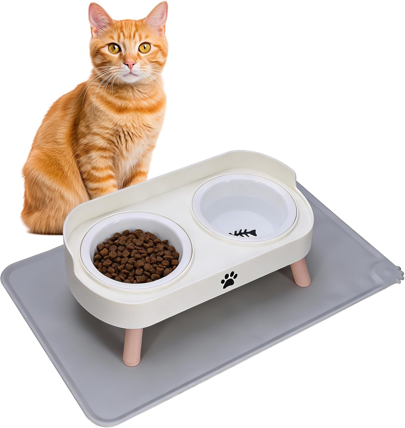 Cat Bowls Elevated,Cat Food and Water Bowl Set,Pet Feeding Raised Stand for Cats Dish Indoor Small Feeder Proof Double Dishes Kitten Station Gatos Dining Spill Holder Kitty Table Ceramic Feed Bowl