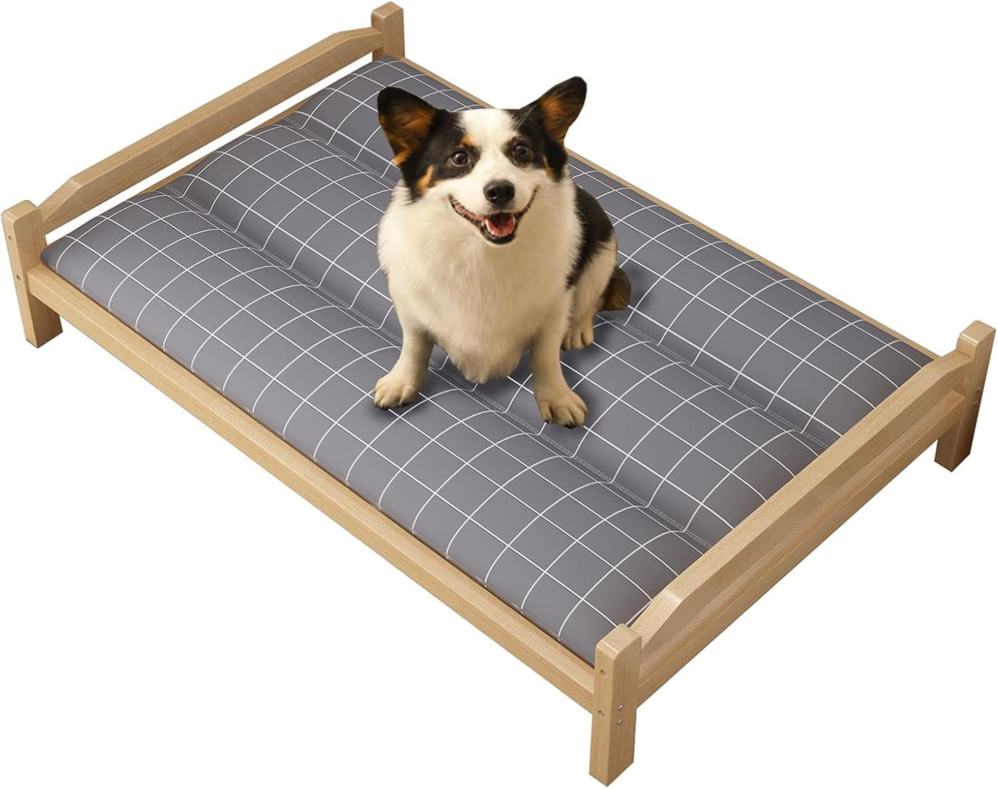 Pet Bed Wooden Raised Dogs Cot with Grey Mattress, Orthopedic Joint Relief Elevated Pet Cat Bed Frame, for Indoor, Outdoor, Training, Easy Assemble (Size : L-91x56x25cm/35.8x22x9.8) ()