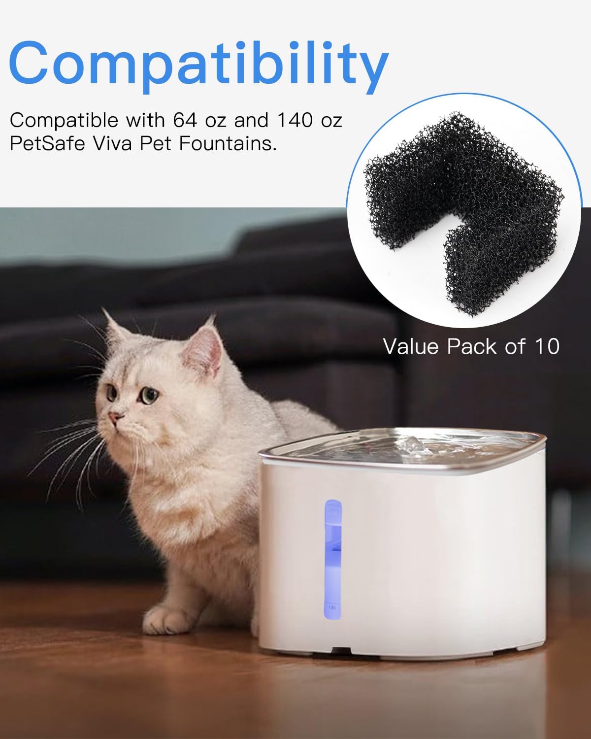 10 Pack Foam Filters for PetSafe Viva Pet Water Fountain - Pet Drinking Fountain Filter Replacement - Black
